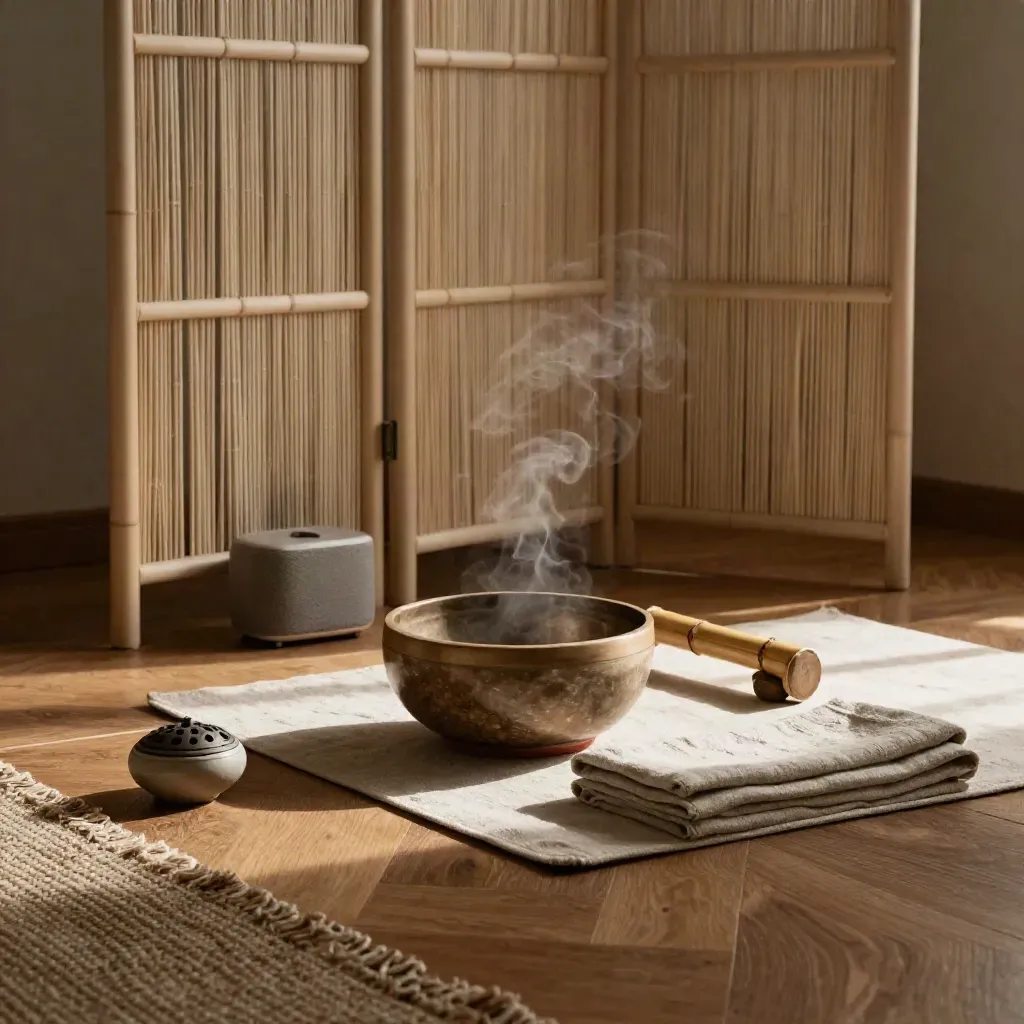 Stone singing bowl, bamboo chime bar, linen mat and hidden speaker in a serene meditation corner.