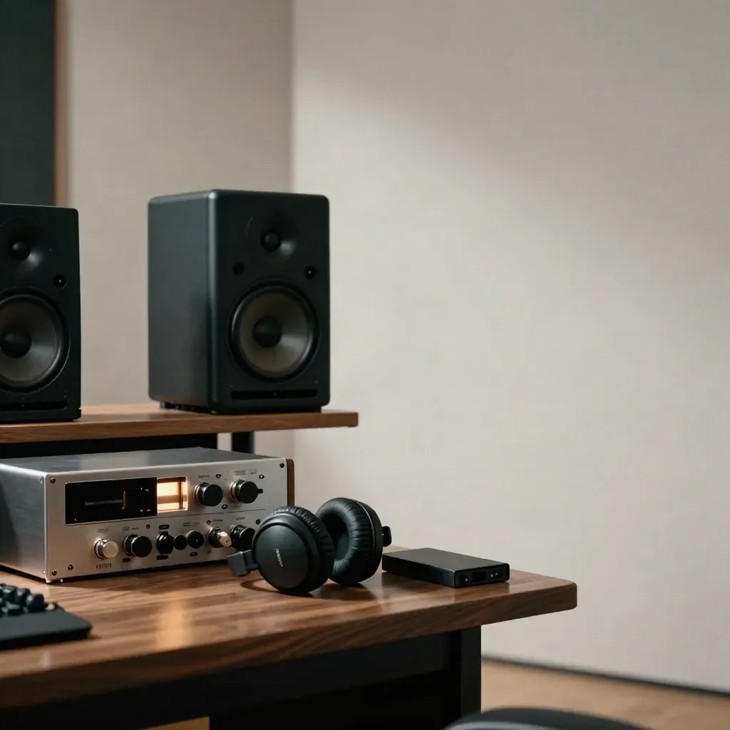 Mastering studio with nearfield monitors, compressor, headphones, and backup drive in warm editorial light.
