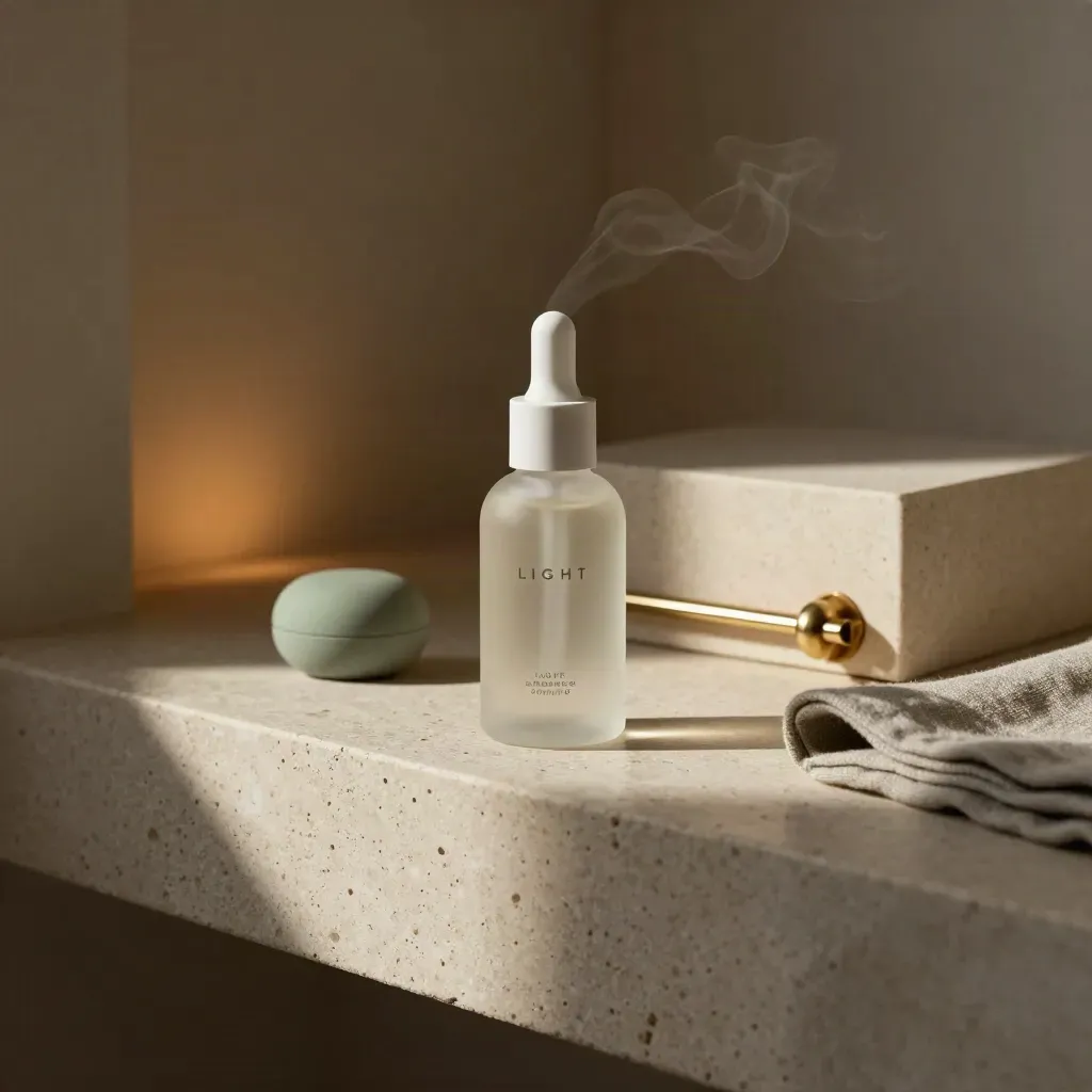 Skincare bottle, speaker puck and brass tone bar on travertine with soft steam and warm light