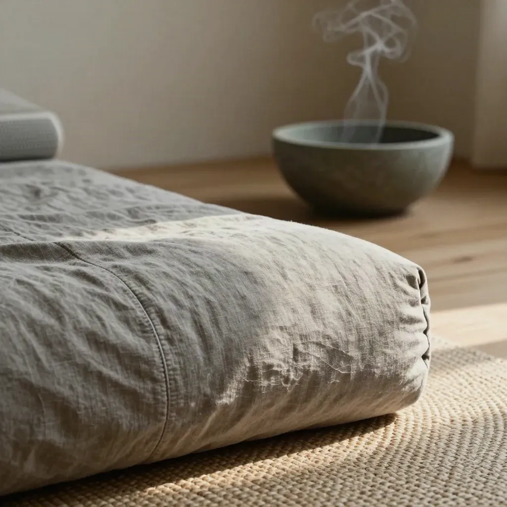 Linen bolster, stone bowl, speaker, and reed mat in a hazy studio corner with soft window light