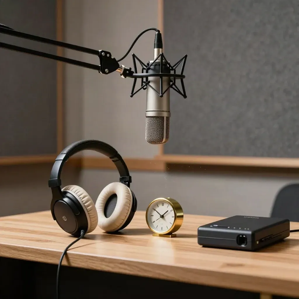 Broadcast mic, headphones, brass clock and idle recorder in a quiet podcast studio.