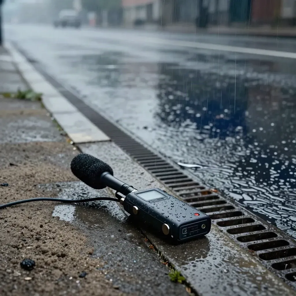 Field recorder and shotgun mic by a storm drain in light rain on wet pavement.