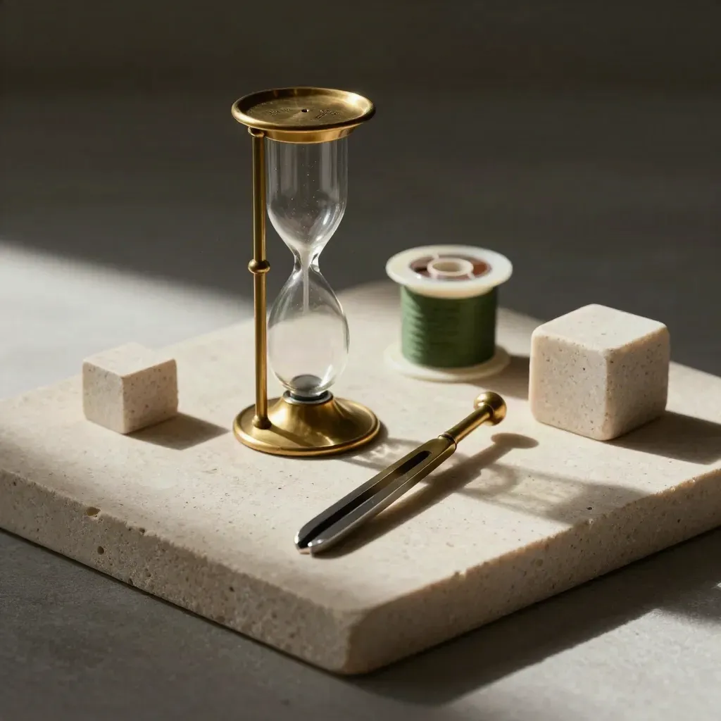 Brass minute glass, tuning fork, sealed reel and stone cube on pale stone in soft side light.