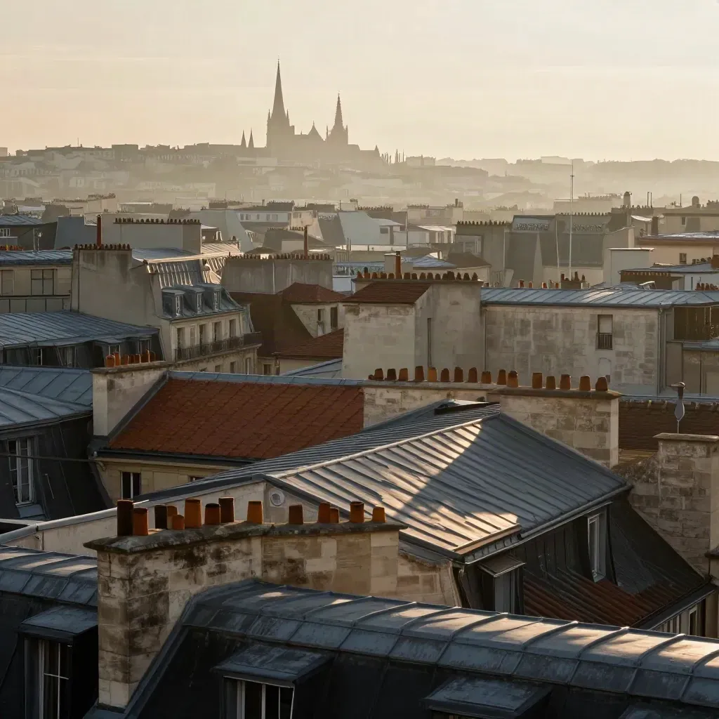 Paris rooftops and pale limestone spires glowing in golden haze above calm terracotta roofs.