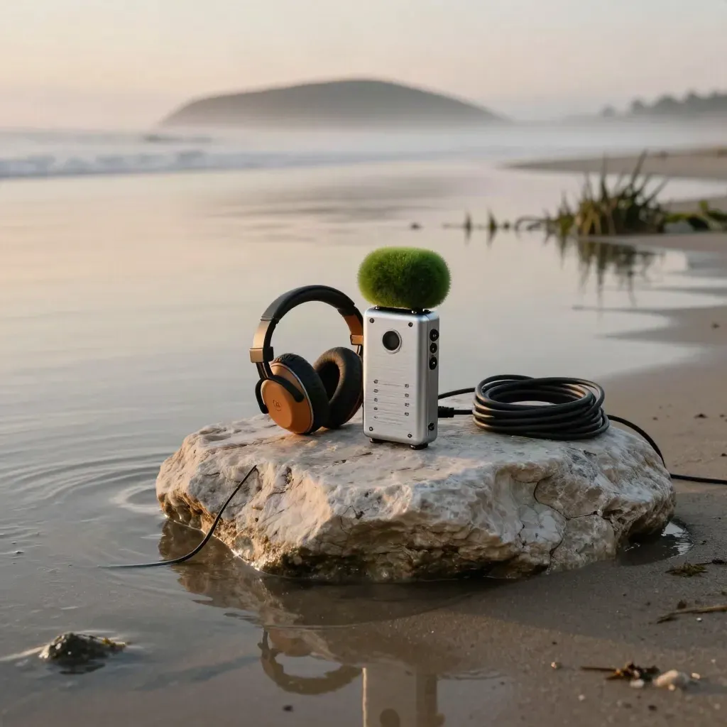 Remote shoreline soundscape gear beside misty ocean horizon at sunset