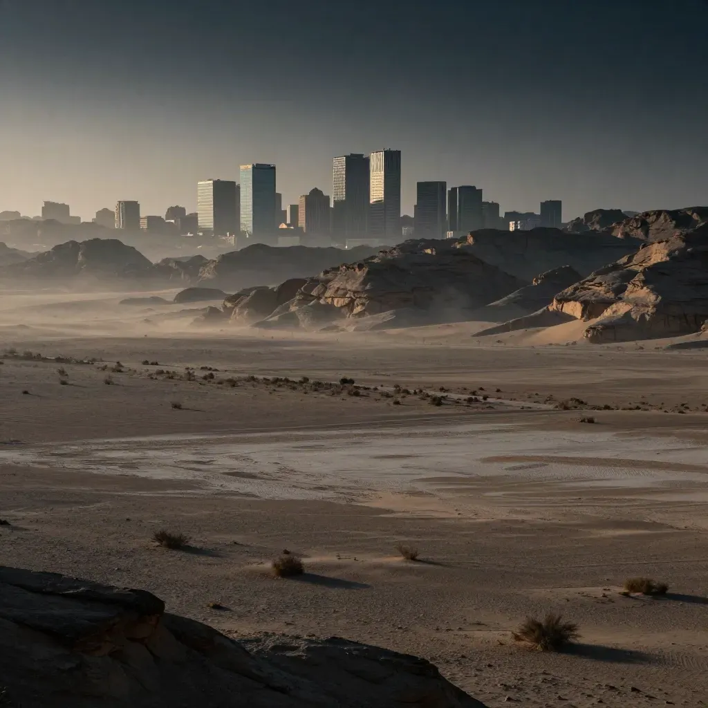 Hazy desert city edge with mesas, low towers, and a calm sandy foreground.